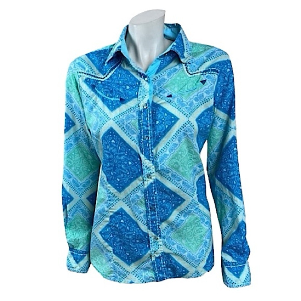 Sherry Cervi Collection Floral Blue Green Paisley Western Shirt Top Medium M